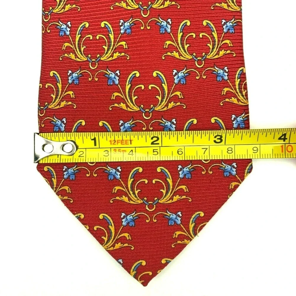 CORBATERIA ESPAÑOLA Tie 100% Silk Red w/ Yellow Blue Textured Floral Necktie
